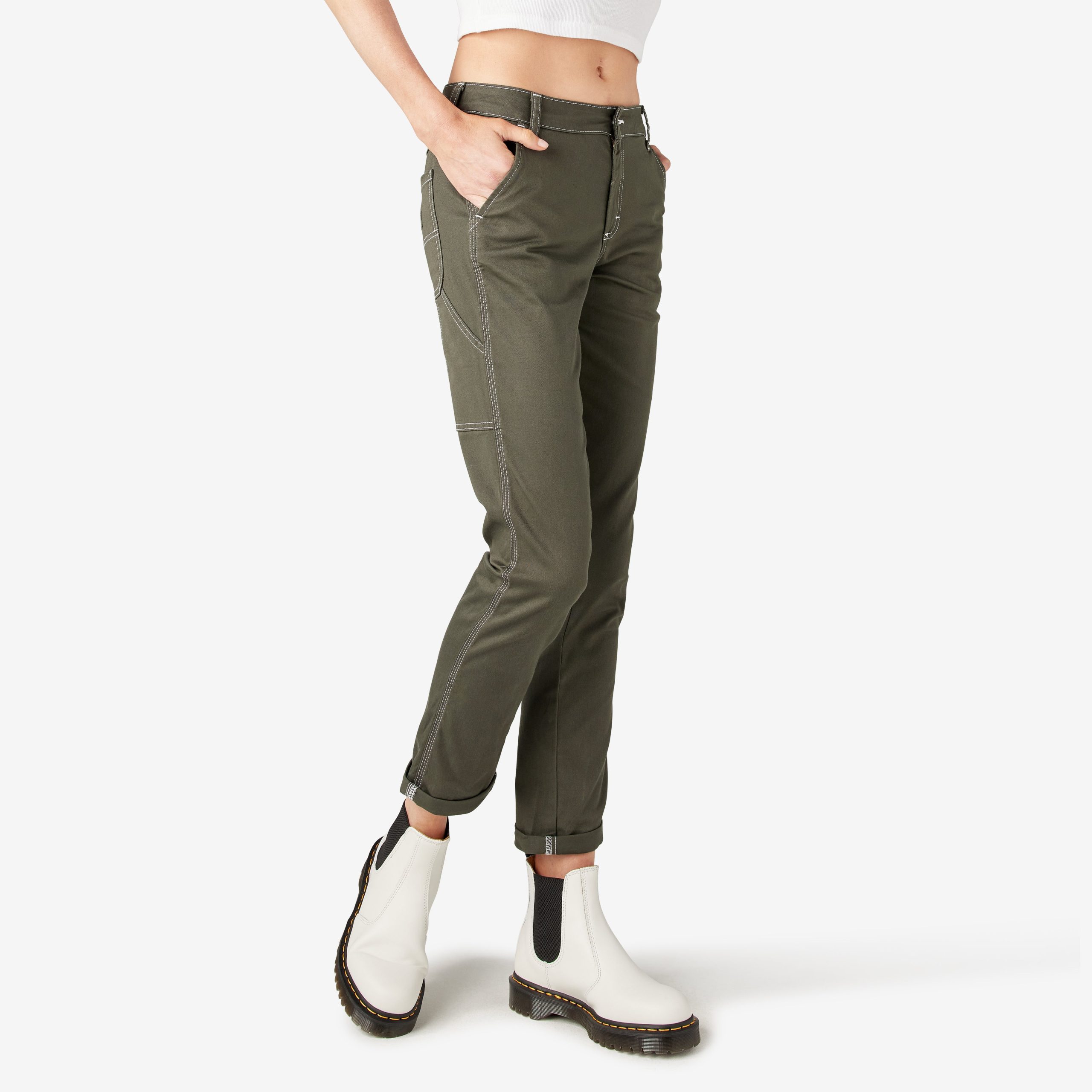 Women's Slim Straight Fit Roll Hem Carpenter Pants - Image 4