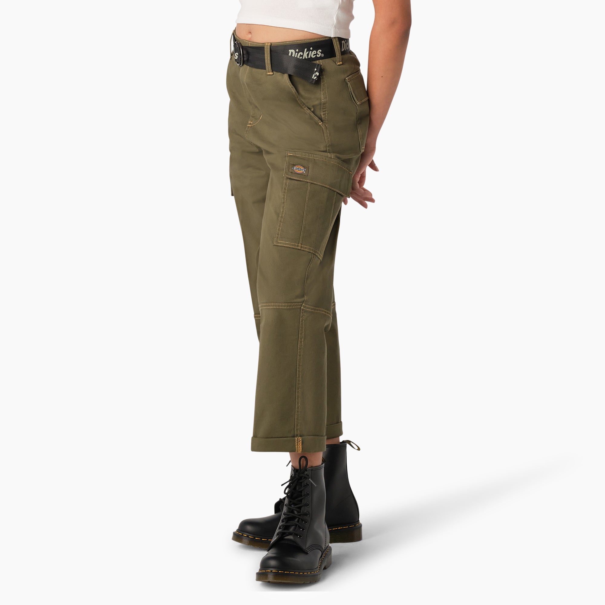 Women's Relaxed Fit Contrast Stitch Cropped Cargo Pants - Image 3